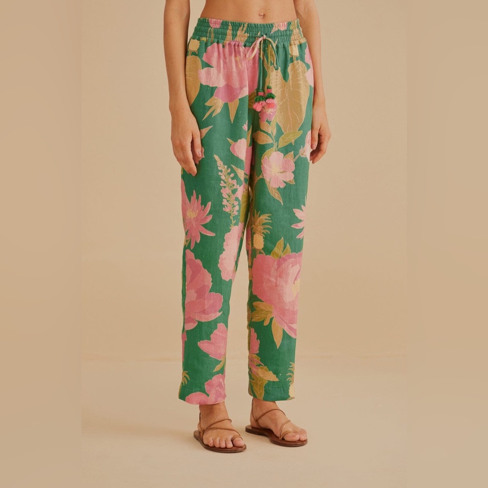 FARM Rio Winter Garden Floral Linen Pants - Size Small